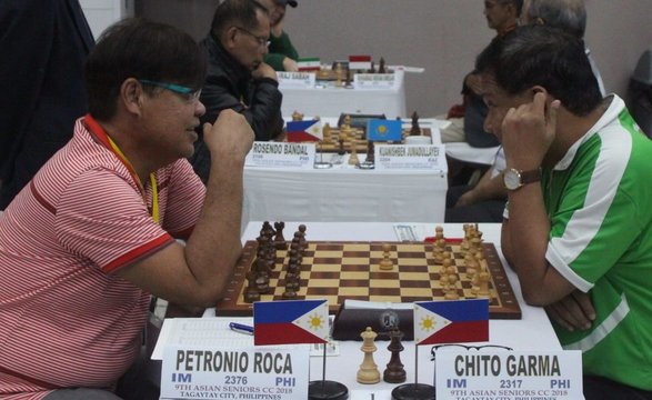 LEADER. International Master Chito Garma (right) stays on top even after settling for a draw with Petronio Roca. Photo release  