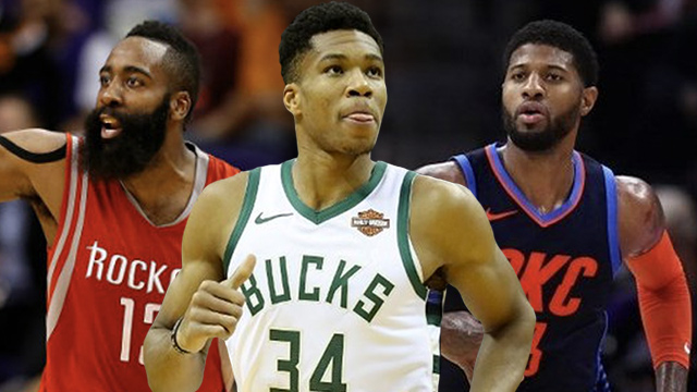 TOP TRIO. Bucks star Giannis Antetokounmpo (center) stands as favorite to win the MVP award over the Rockets’ James Harden and Thunder’s Paul George. Photos from AFP   