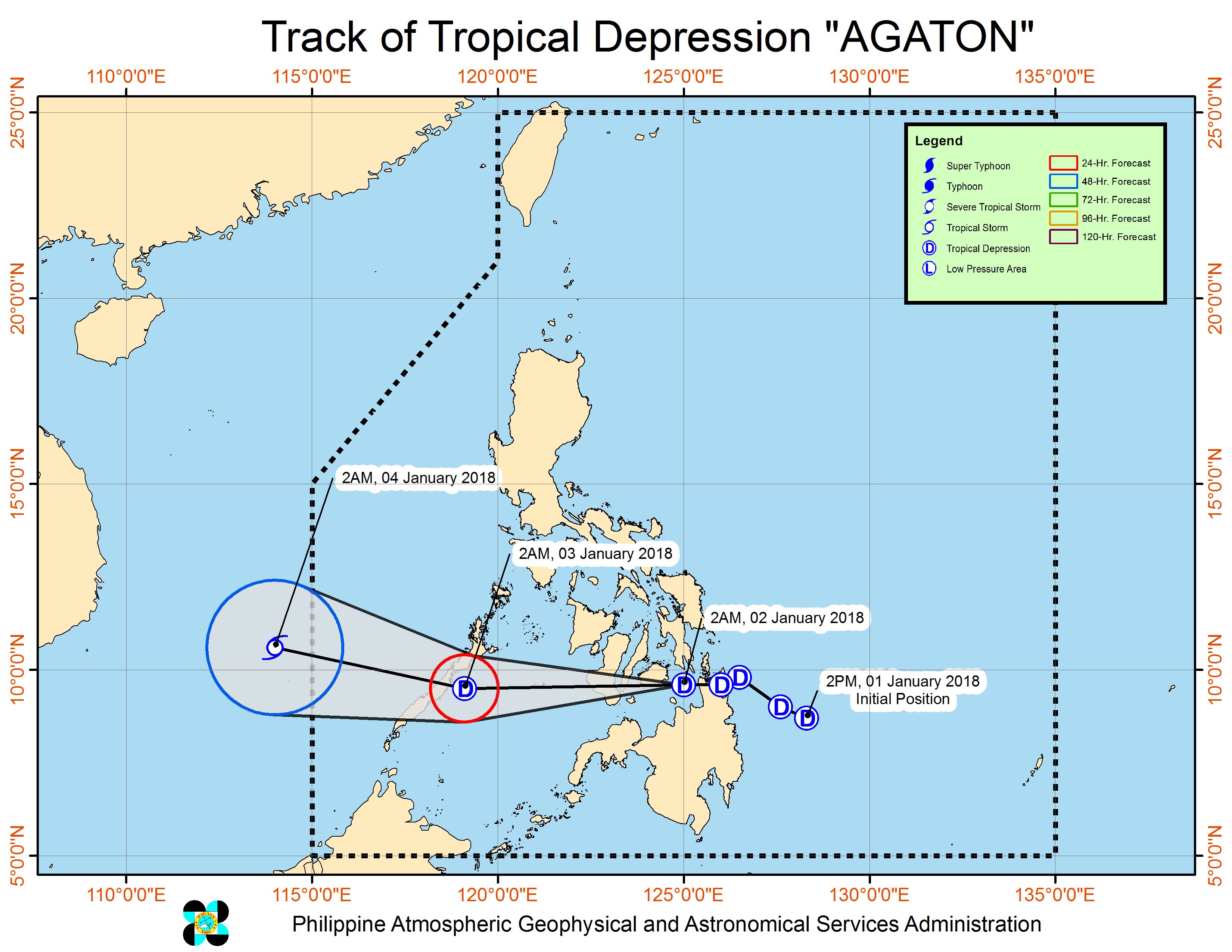 Forecast track of Tropical Depression Agaton as of January 2, 5 am. Image courtesy of PAGASA 