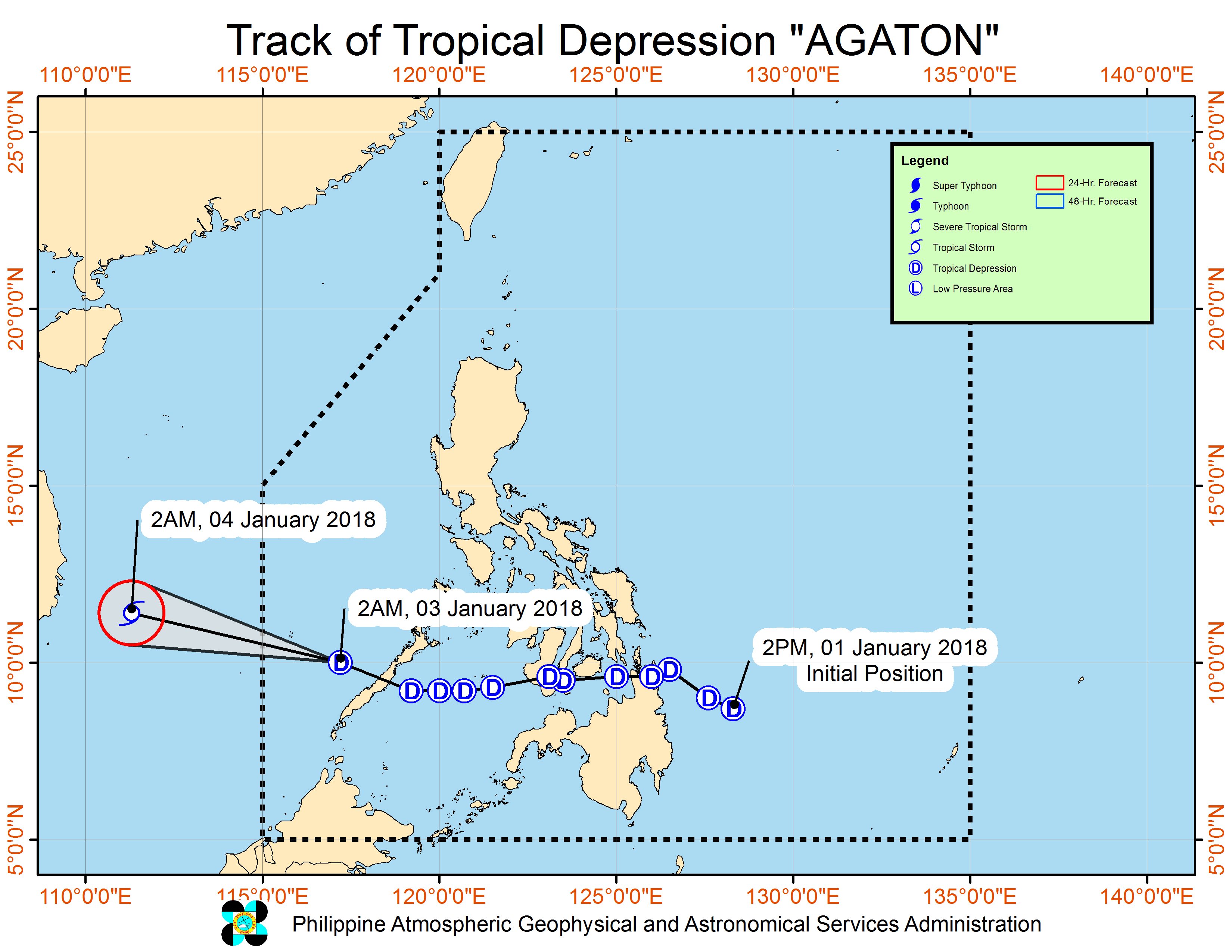 Forecast track of Tropical Depression Agaton as of January 3, 5 am. Image courtesy of PAGASA 