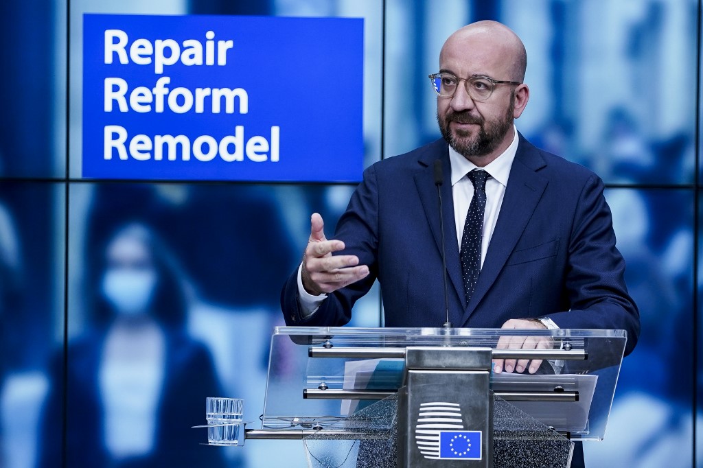 RECOVERY FUND. European Council President Charles Michel speaks during a press conference in Brussels on July 10, 2020. Photo by Kenzo Tribouillard/Pool/AFP 