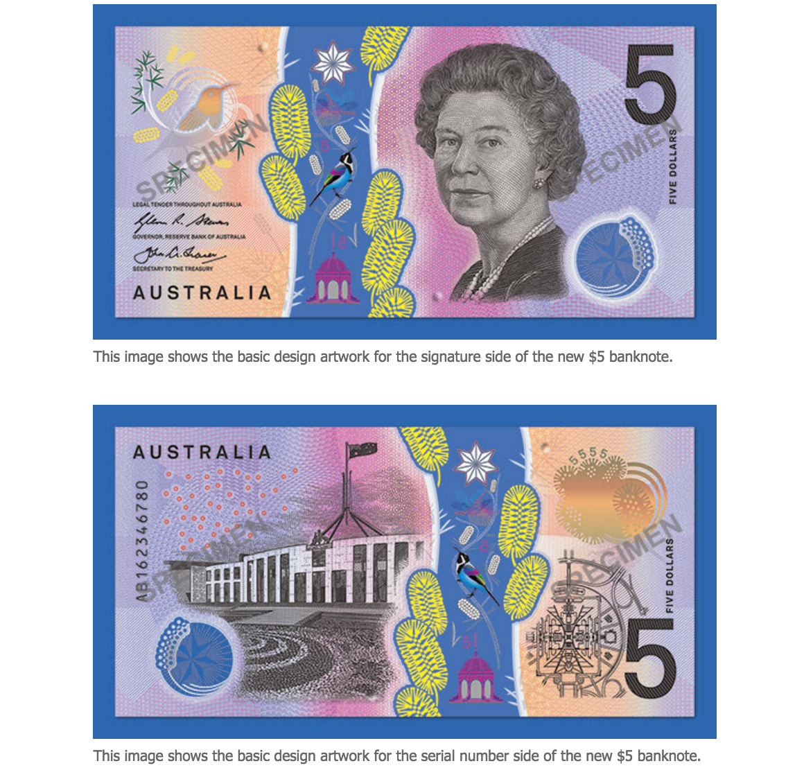 'HIDEOUS.' Australia's new $5 bill, unveiled on April 12, 2016, gets criticized online. Screenshot from Reserve Bank of Australia website 