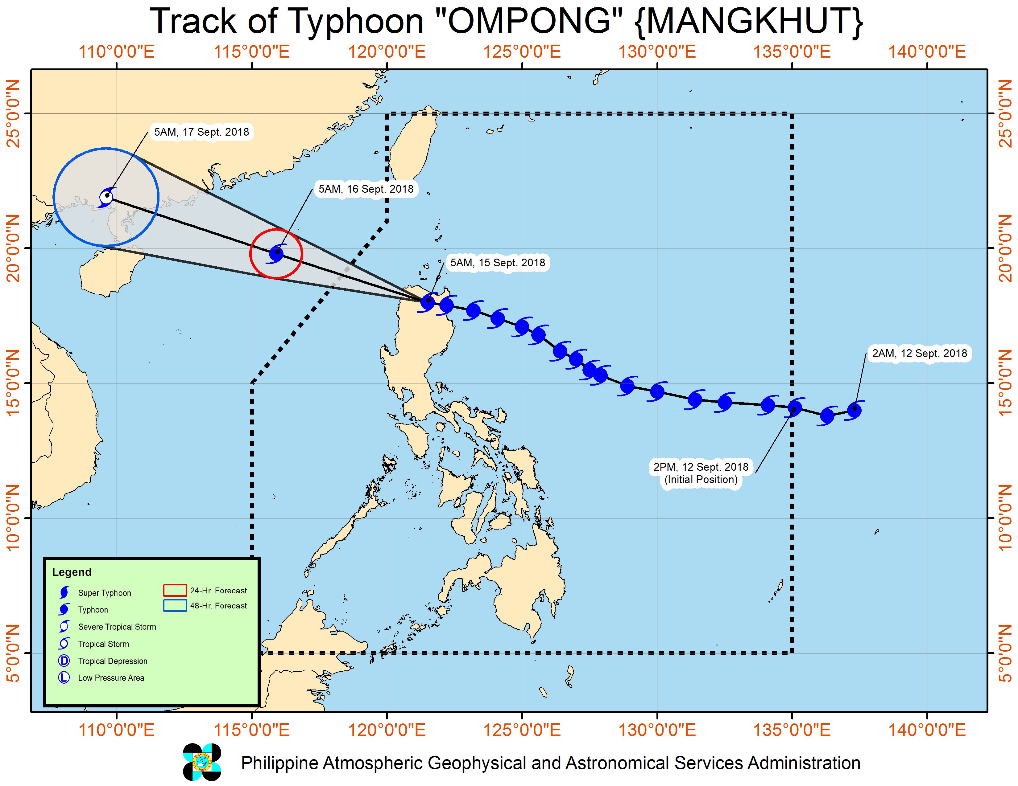 Forecast track of Typhoon Ompong (Mangkhut) as of September 15, 2018, 8 am. Image from PAGASA 