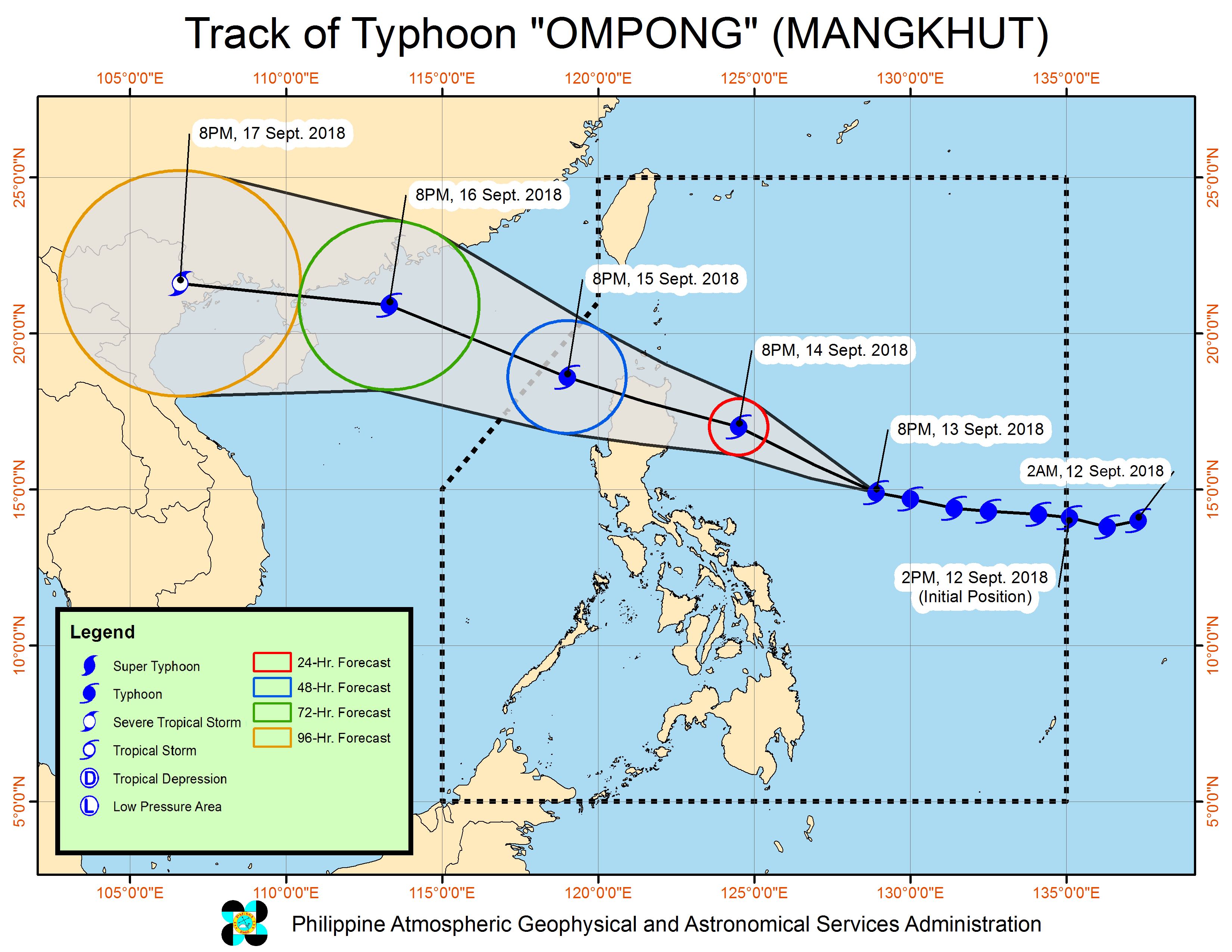 Forecast track of Typhoon Ompong (Mangkhut) as of September 13, 2018, 11 pm. Image from PAGASA 