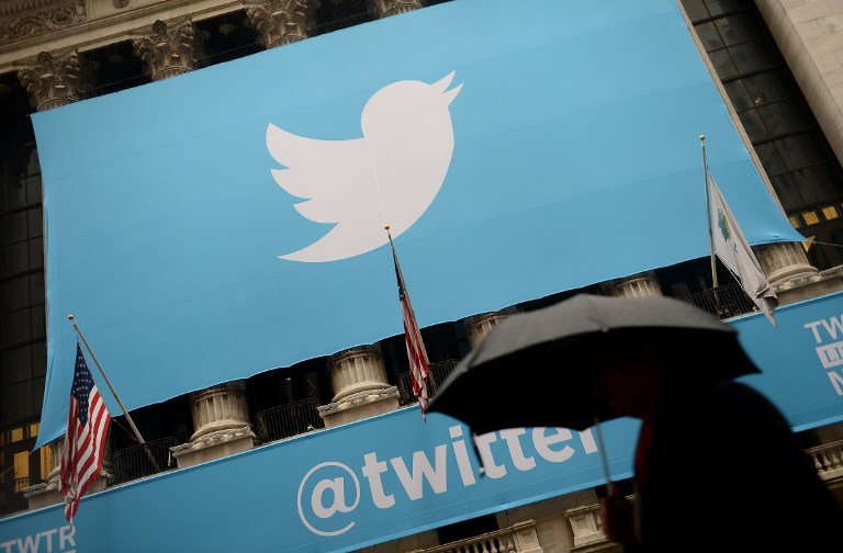 TWITTER EARNINGS. This file photo shows the logo of Twitter on the front of the New York Stock Exchange (NYSE) in New York. Photo by Emmanuel Dunand/AFP 