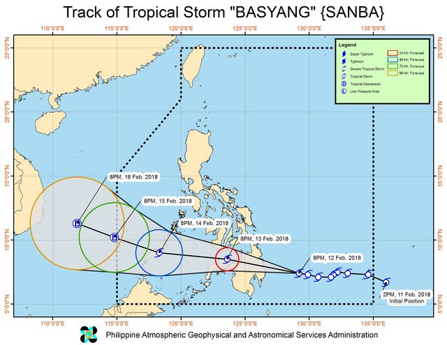 Forecast track of Tropical Storm Basyang as of February 12, 11 pm. Image courtesy of PAGASA 