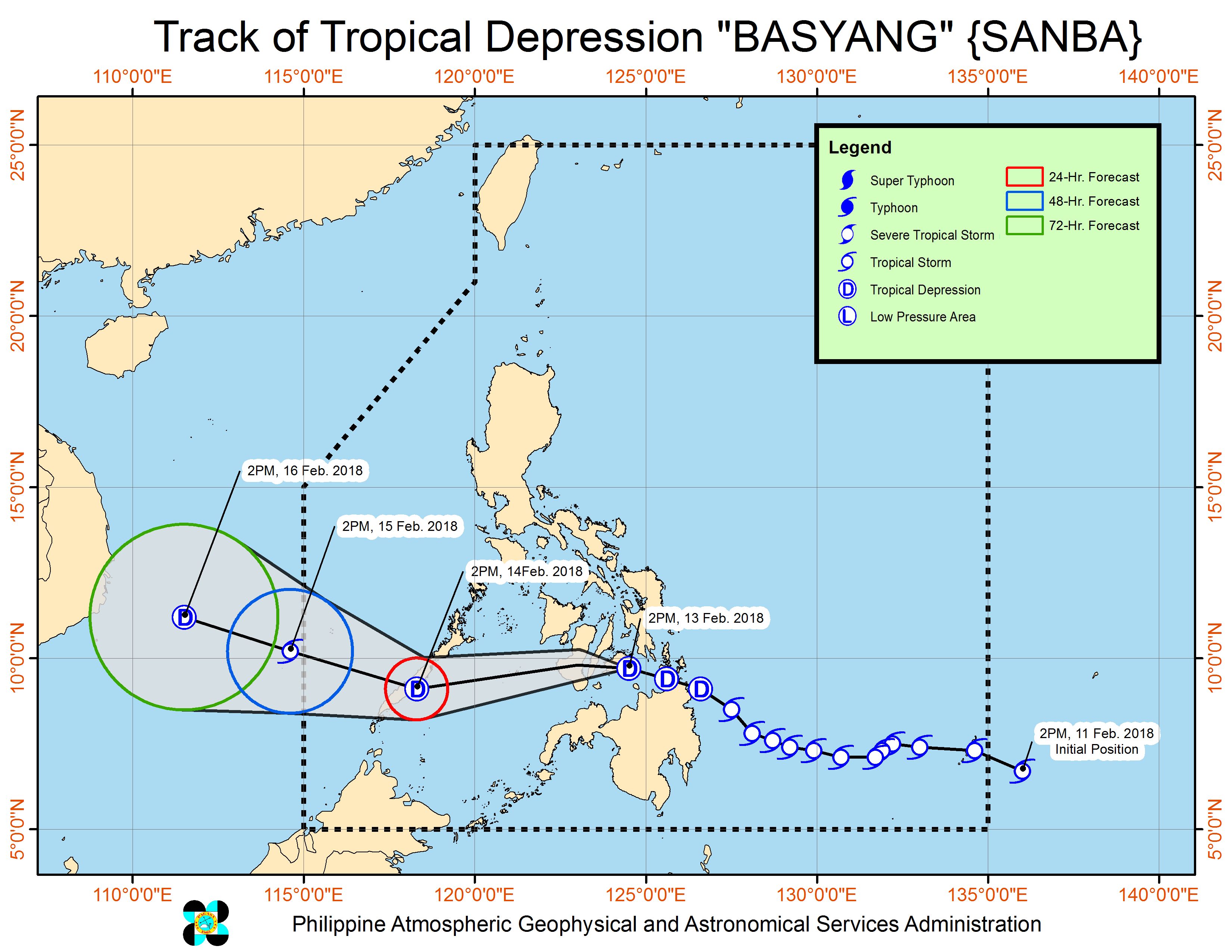 Tropical Depression Basyang slightly weakens over Bohol Sea