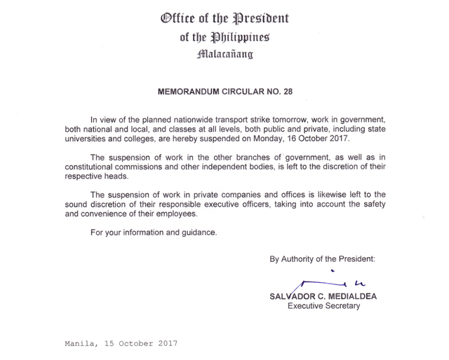 Malacañang suspends gov't work, classes on October 16