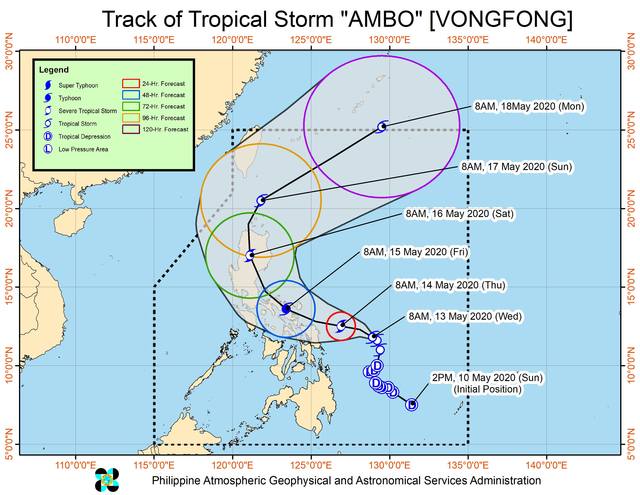 Tropical Storm Ambo (Vongfong) forecast as of May 13, 2020 at 11 a.m. PAGASA's picture 