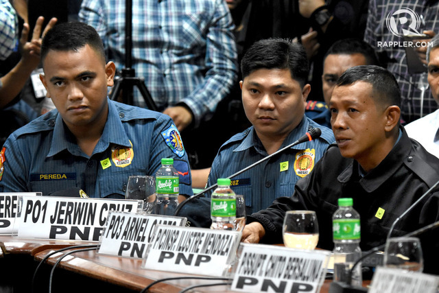 FACING CHARGES. Caloocan policemen PO1 Jeremias Pereda, PO1 Jerwin Cruz, and PO3 Arnel Oares attend the Senate hearing on Kian delos Santos' case on August 24, 2017. File photo by Angie de Silva/Rappler