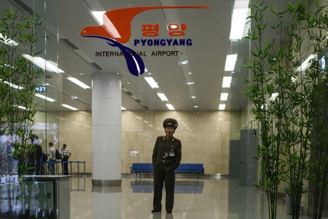 WAITING. In this file photo, a North Korean soldier stands in the arrivals hall of Pyongyang's International airport on October 8, 2015. Ed Jones/AFP 