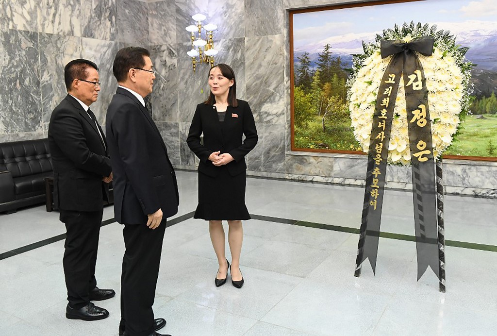 shows Kim Yo-jong (R), sister of North Korean leader Kim Jong-un, and Chung...