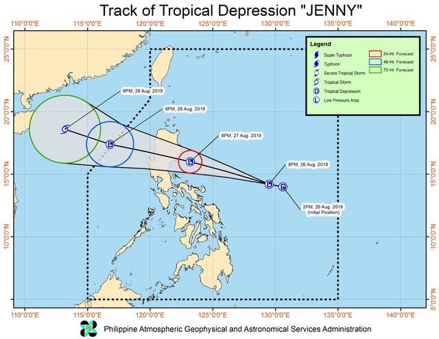 Forecast track of Tropical Depression Jenny as of August 26, 2019, 11 pm. Image from PAGASA