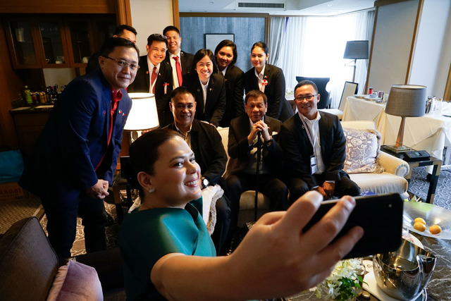GROUP PHOTO. Davao Cit Mayor Sar Duterte takes a photo with the presidential delegation to the enthronment of Emperor Naruhito in Tokyo, Japan, on October 22, 2019. Her father holds a cane to support is aching back. Malacanang Photo