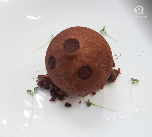 DESSERT. Auro chocolate serves up a 'chocolate buko,' or coconut, to round off a decadent dinner. The dish was created by The Peninsula Manila's Xavier Castello. All photos by Tedrick Yau/Rappler  