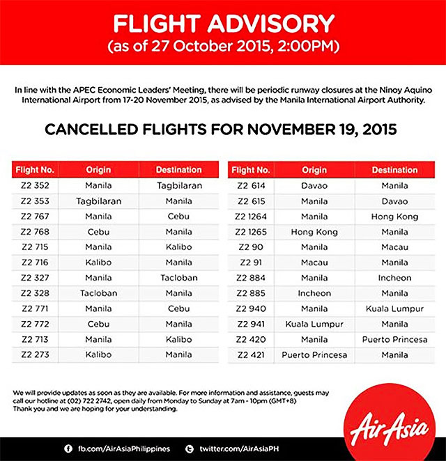 Cancelled flights due to APEC meetings in November