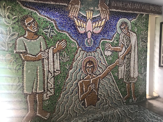 Inside the church with an angry-looking Christ