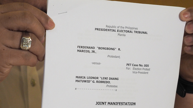 JOINT MANIFESTO. Defeated Vice Presidential candidate Ferdinand Marcos Jr sign a joint manifesto to withdraw motions related to his poll protest 