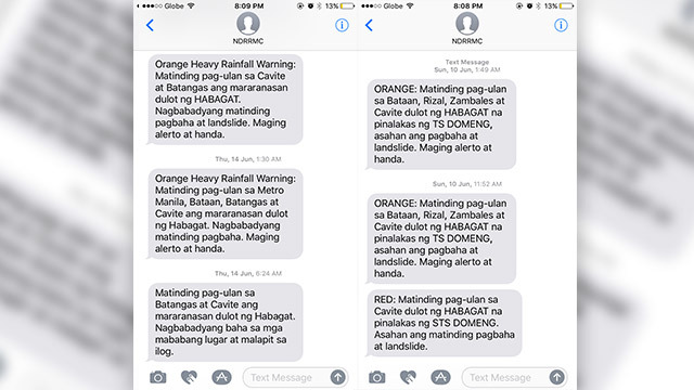 ALERTS. The NDRRMC sends mobile alerts based on PAGASA rainfall warnings.