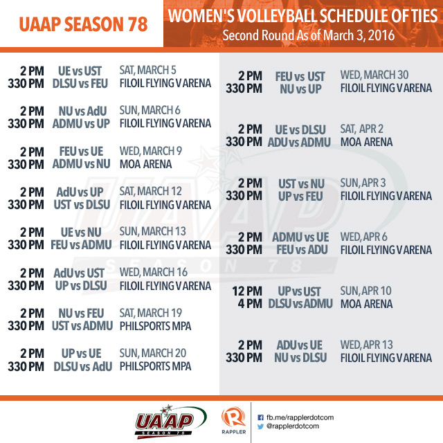 SCHEDULE: UAAP Season 78 women’s volleyball second round