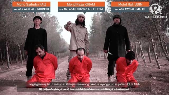 ISIS VIDEO. A young Filipino (middle) was among those who beheaded Caucasian hostages in June 2016. He called on Muslims to fight the jihad in Syria and the Philippines. Screenshot from ISIS video   