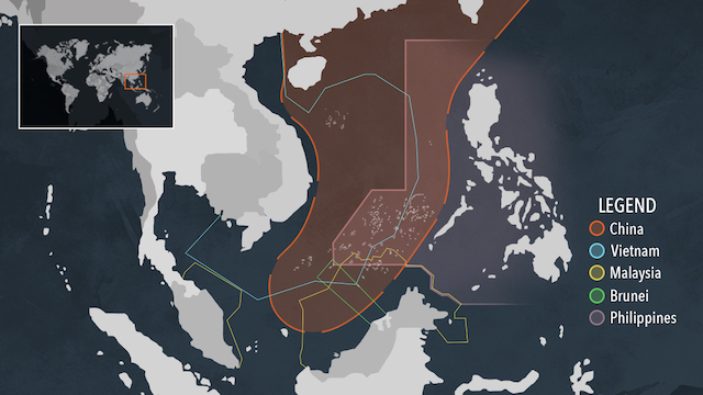 LINE 9 DASH. The orange part on this map shows China's expansive claim to the South China Sea using its 9-stroke line, nullified as invalid by a 2016 international ruling.  