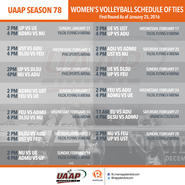 UAAP Season 78 women's volleyball schedule
