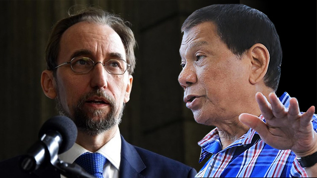 WORD WAR. President Rodrigo Duterte has called UN High Commissioner on Human Rights Zeid Ra'ad Al Hussein 'emtpy-headed.' Zeid file photo from Johan Ordonez/AFP; Duterte file photo from Malacañang 