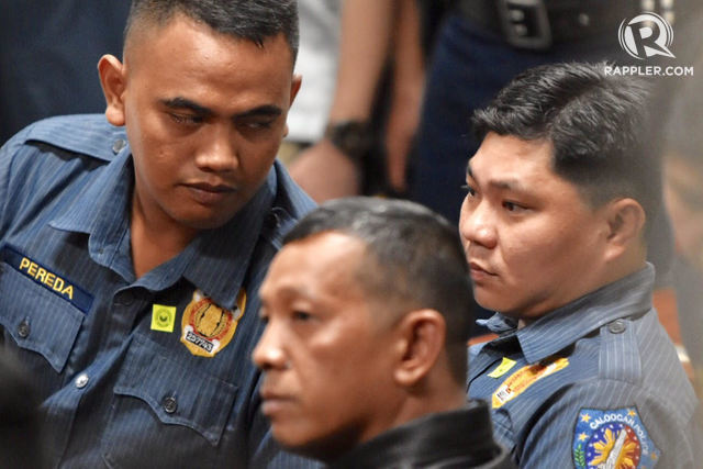 CALOOCAN COPS. (Left to right) PO1 Jeremias Pereda, PO1 Jerwin Cruz, and PO3 Arnel Oares attend the Senate probe into the killing of Kian delos Santos on August 24, 2017. File photo by LeAnne Jazul/Rappler