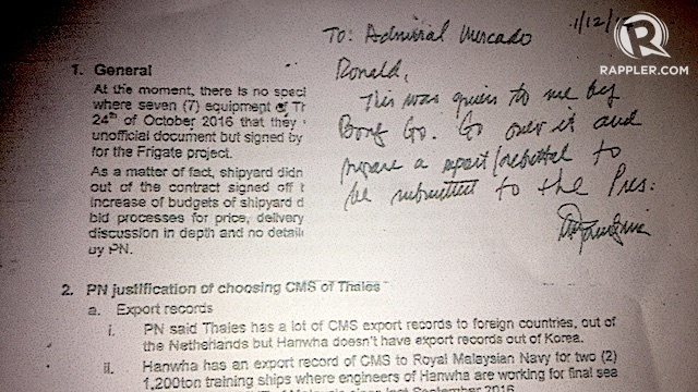 POST-IT NOTE. Defense Secretary Delfin Lorenzana asks former Philippine Navy chief Vice Admiral Ronald Mercado to respond to issues raised by Special Assistant to the President Christopher Go about the P15.5-billion project to acquire Philippine warships. Screenshot of a sourced document 