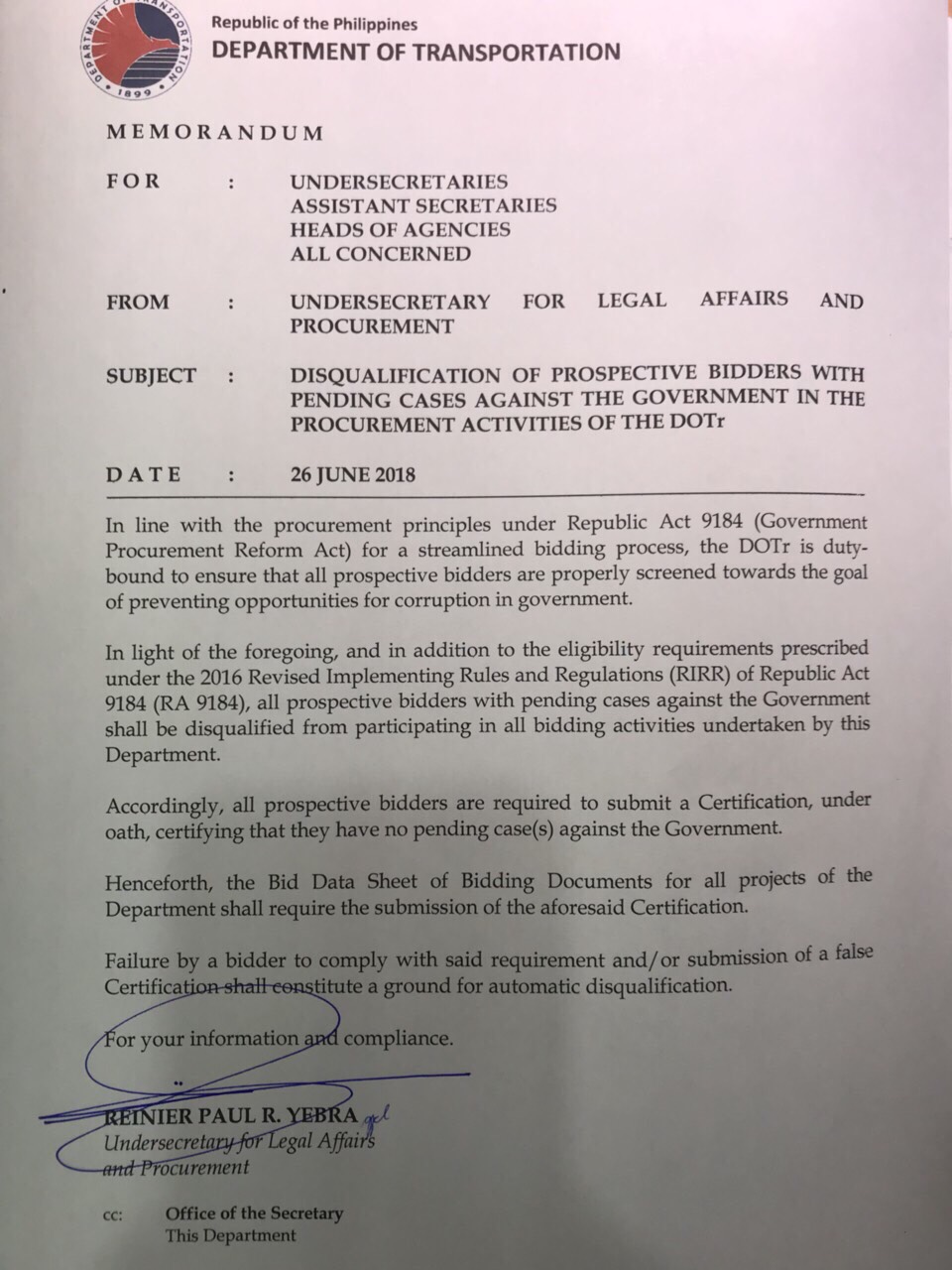 DOTr disqualifies bidders with pending cases vs gov't