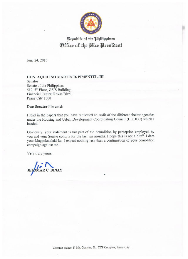 Binay writes Pimentel: Be a man