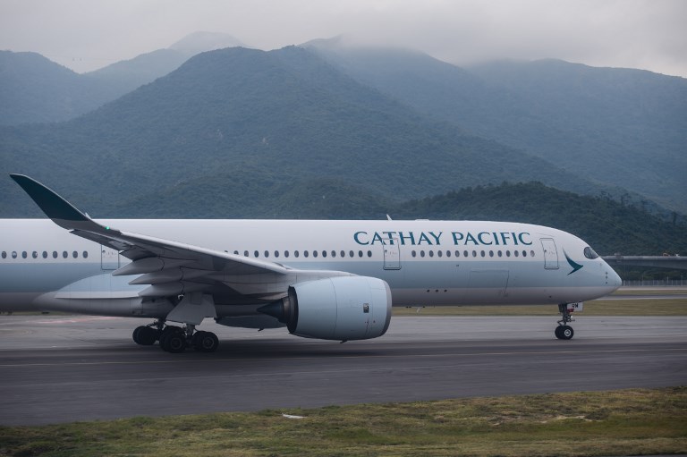 CATHAY PACIFIC DATA LEAK. In this file photo a Cathay Pacific airlines passenger plane prepares to take off from the international airport in Hong Kong. Photo by Anthony Wallace/AFP 