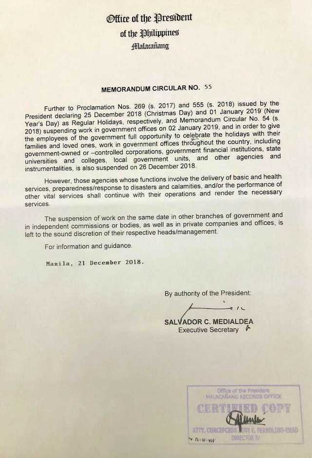 Malacañang suspends gov't work on December 26
