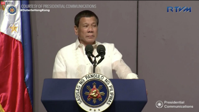 PEACE TALKS. President Rodrigo Duterte stresses the need for peace talks with communist rebels during his meeting with the Filipino community in Hong Kong on May 13, 2017. Screenshot from Malacañang video 