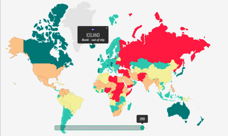GLOBAL PEACE INDEX. Iceland is ranked as the most peaceful country in the world according to the 2019 Global Peace Index. Screenshot from Visions of Humanity.org 