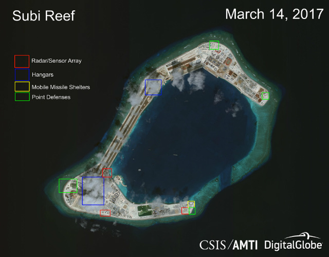 'CONSTRUCTION COMPLETE.' China completes constructing 'hangars for 24 combat aircraft and 4 larger hangars' on Subi Reef, the Asia Maritime Transparency Initiative says. Photo courtesy of CSIS/AMTI and DigitalGlobe 