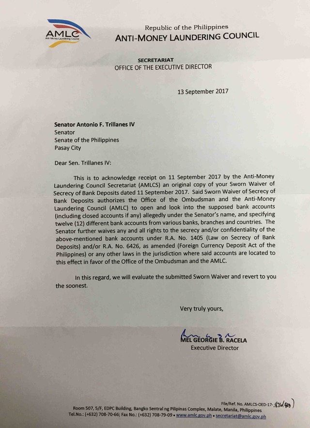 amlc confirms receipt of trillanes 39 bank secrecy waivers acknowledging receipt