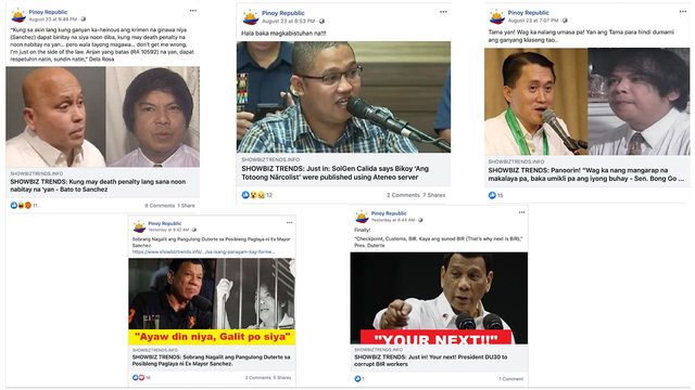 NON-SHOWBIZ. Pinoy Republic often shared articles from website showbiztrends.info, which posts content related to politics instead of show business.