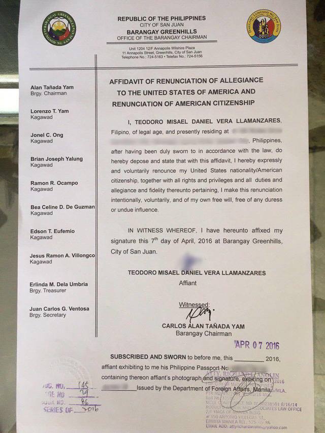 parents transfer certificate letter by husband citizenship LOOK: Grace Poe's US renounces