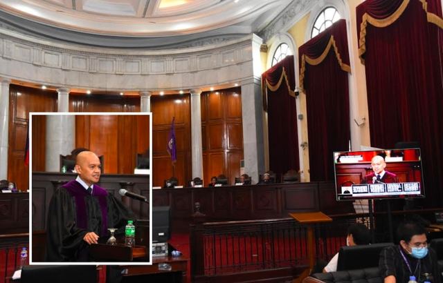 ROUSING SPEECH. Supreme Court Associate Justice Marvic Leonen delivers a rousing speech to lawyers who took their oath on June 25, 2020. Photo courtesy of the SC Public Information Office 