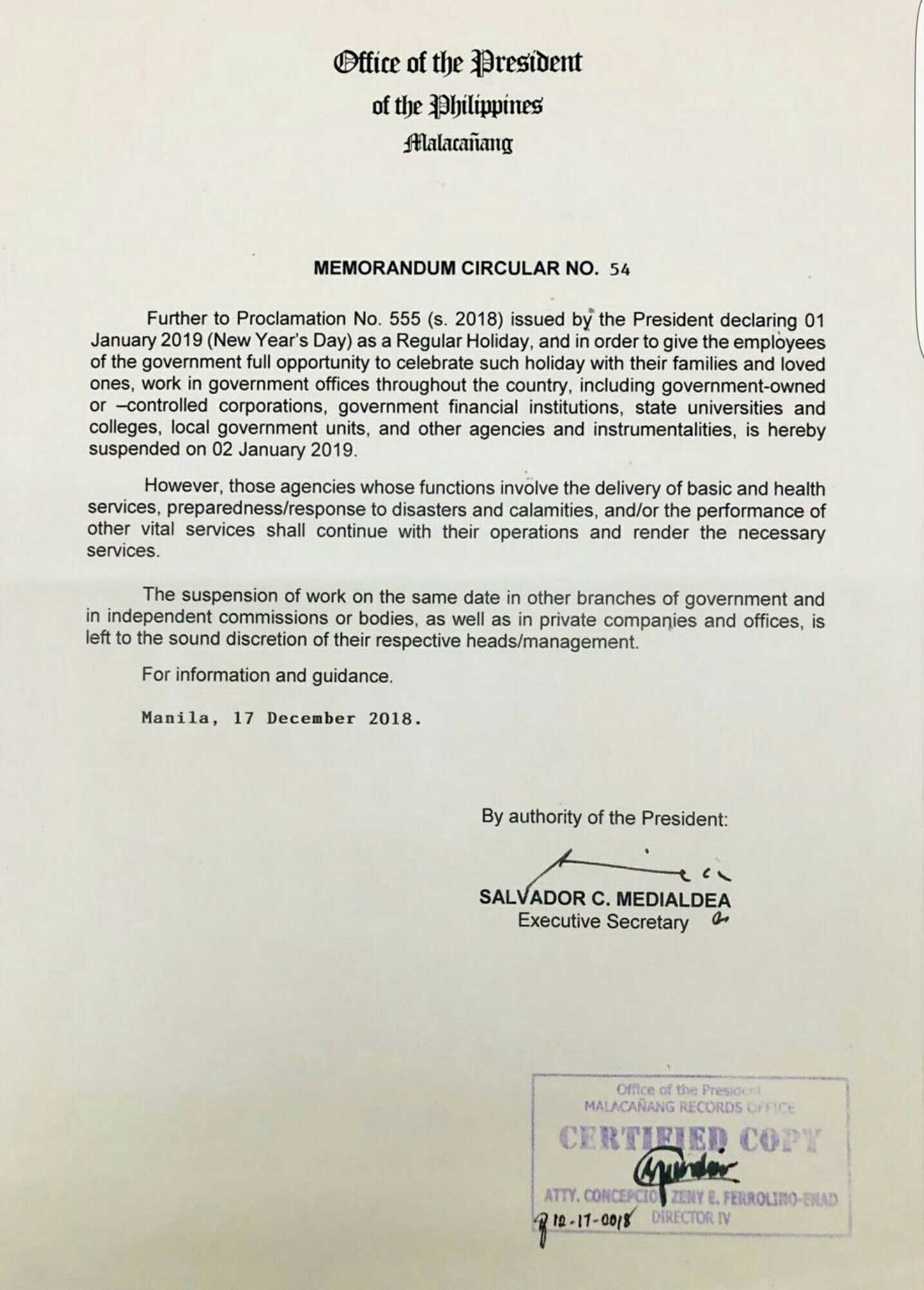Malacanang Suspends Gov T Work On January 2 2019