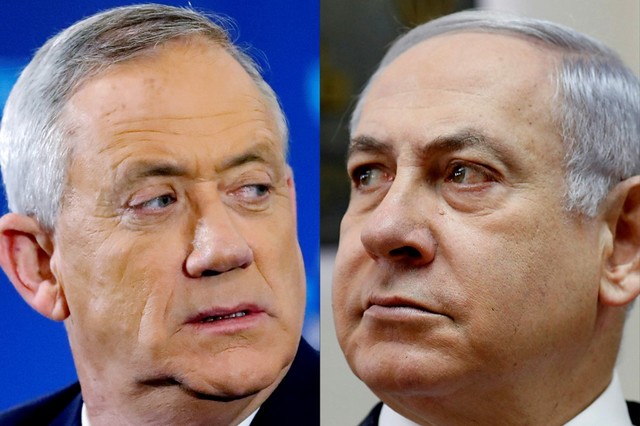 RIVALS. This combination of pictures created on April 02, 2019 shows a file photo taken on April 01, 2019 of retired Israeli general Benny Gantz (L) and a file photo taken on March 10, 2019 of Israeli Prime Minister Benjamin Netanyahu. File photos by Jack Guez and Gali Tibbon/AFP  