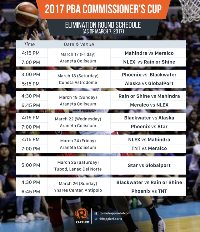 SCHEDULE 2017 PBA Commissioner's Cup elimination round