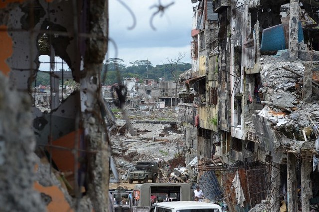 DESTRUCTION This photo taken on October 25, 2017, shows bombed-out buildings inside of what was the main battle area between government troops and ISIS-inspired Muslim militants in Marawi. Ted Aljibe/AFP 