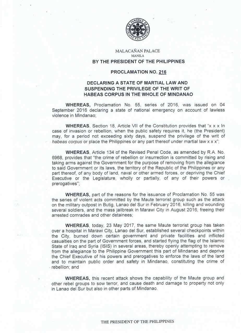 LOOK: Duterte proclamation declaring martial law in Mindanao