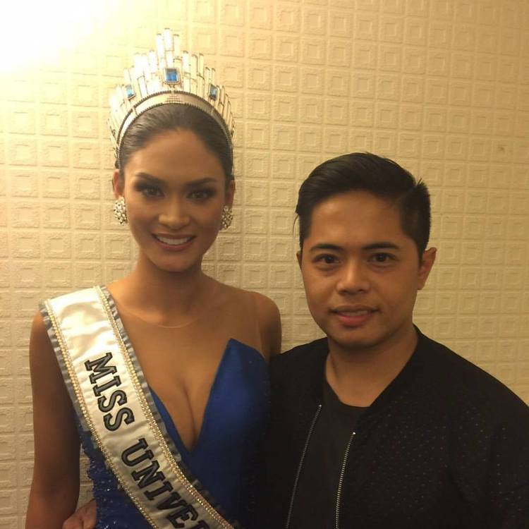 MISS UNIVERSE 2015. Bessie with friend Pia Wurtzbach, Miss Universe 2015. Pia has worn his creations numerous times. 