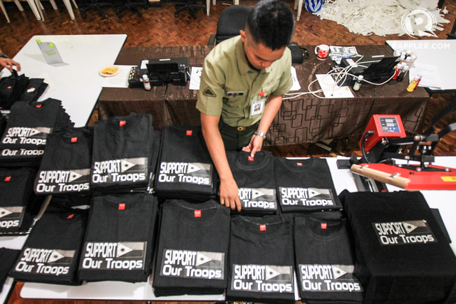 MORAL SUPPORT. The AFP Civil Relations Service, on June 19, 2017, shows t-shirts printed with the message 'Support Our Troops' for those fighting in Marawi City. Photo by Jasmin Dulay/Rappler 