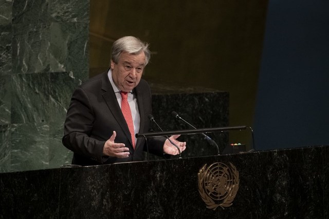REMEMBERING THE DEAD. This United Nations handout photo shows UN Secretary-General Antonio Guterres as he makes remarks at the opening meeting of the Commission on the Status of Women 63rd session on March 11, 2019. Photo by Evan Schneider/United Nations/AFP) 