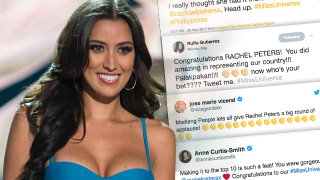 PROUD OF RACHEL. Celebrities congratulate Miss Universe Philippines 2017 Rachel Peters for being part of the Top 10. Rachel photo from the Miss Universe Organization 